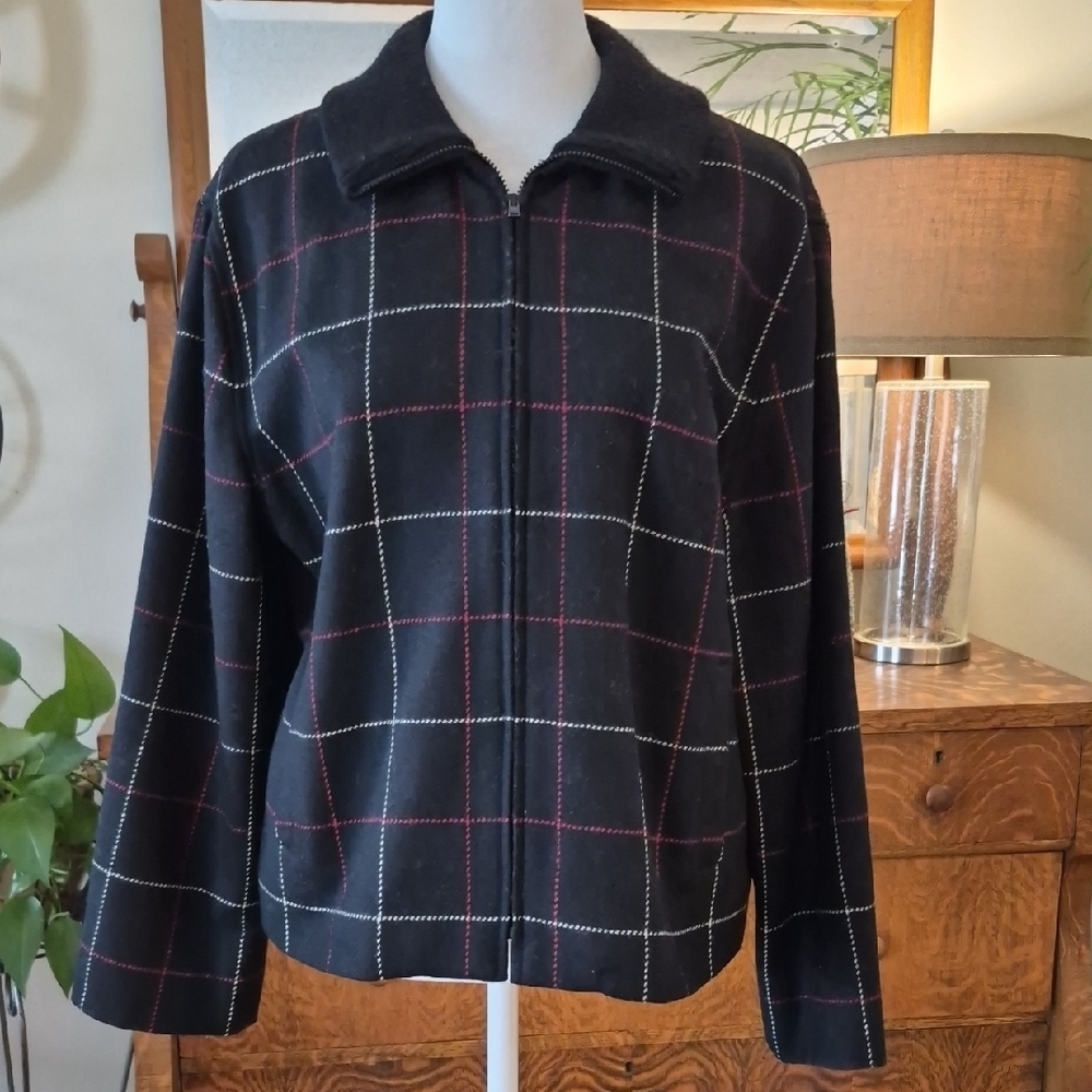 Talbots Black Bomber Jacket with Red and White Checkered Pattern